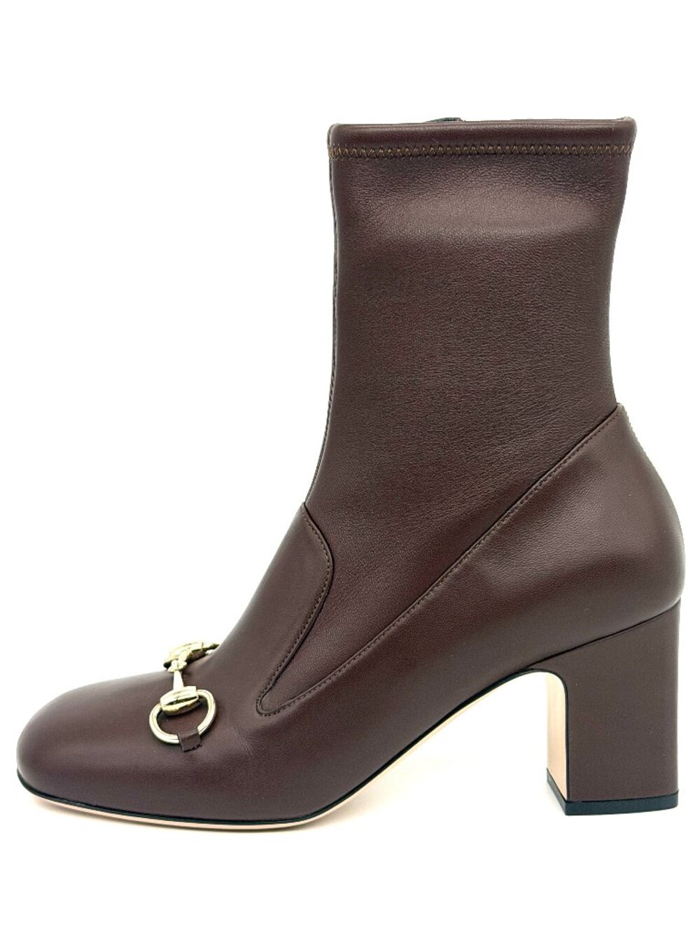 Gucci Lady Horsebit Logo Leather Block Heel Paneled Ankle Boots Bootie